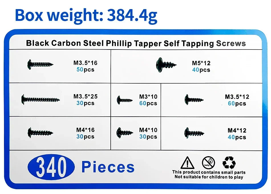 340PCS PWA Cross Self-Tapping Black Screw M3 M3.5 M4 M4.8 Carbon Steel Round Pan Head Tapping Screw with Washer Assortment Kit