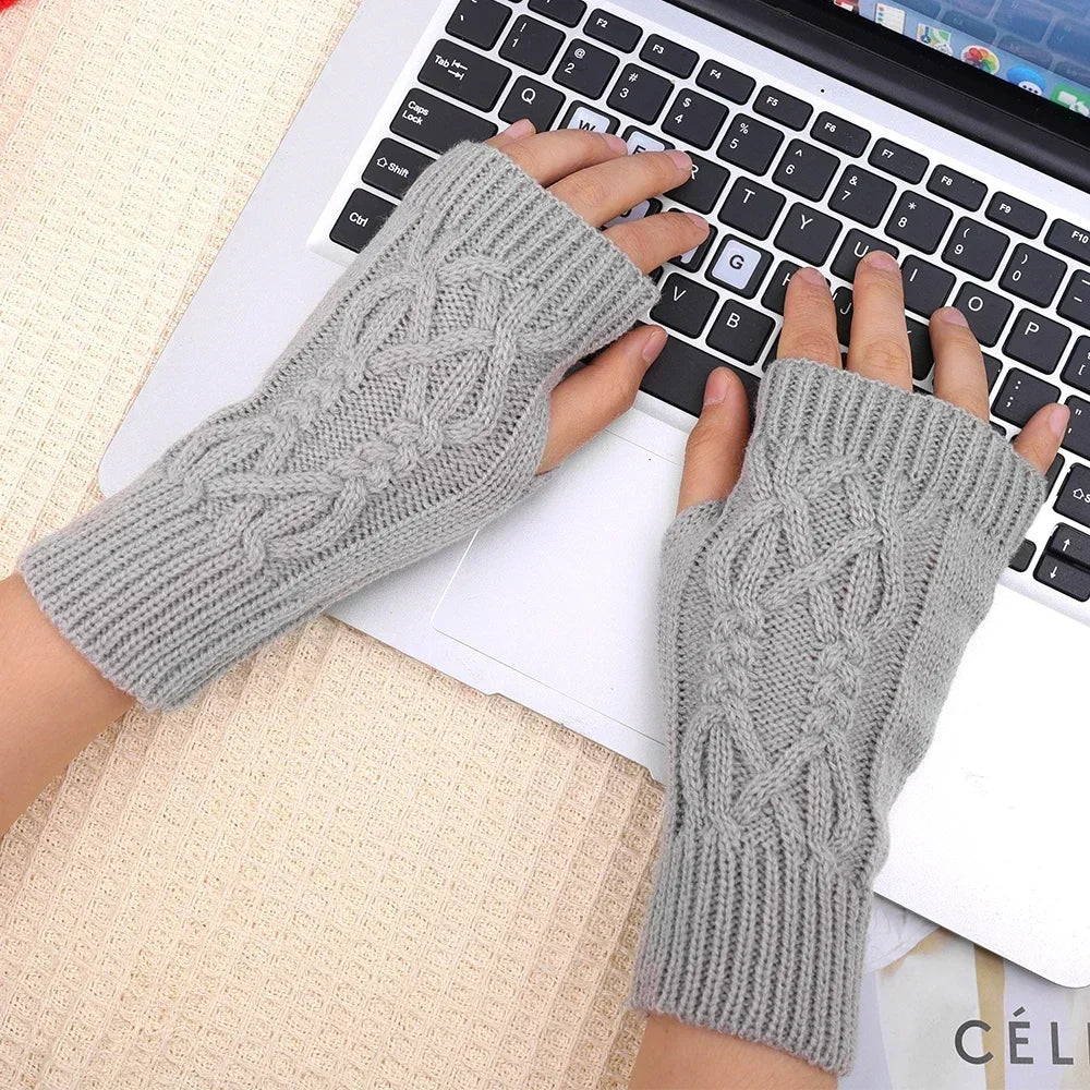 Men Women Stretch Acrylic Knit Stripe Fingerless Mitten Student Couple Winter Warm Twist Flower Half Finger Solid Glove Amagi