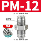 PM Type 304 Stainless Steel Bulkhead Pneumatic Connector, Push-In Hose Fitting 4mm–16mm for Air, Gas and Fluid Pipe Connection