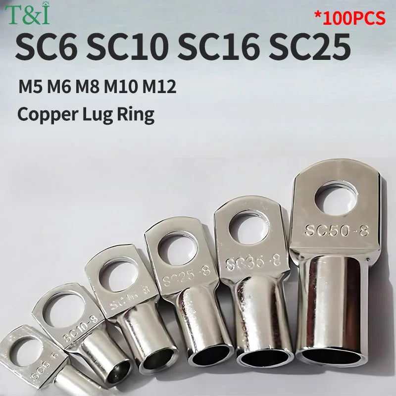 100pcs Copper Lug Ring Wire Connectors Cable Electric Crimp Terminal SC6-6 SC6-8 SC10-6 SC10-8 SC16-6 SC16-10 SC25-6 SC25-12