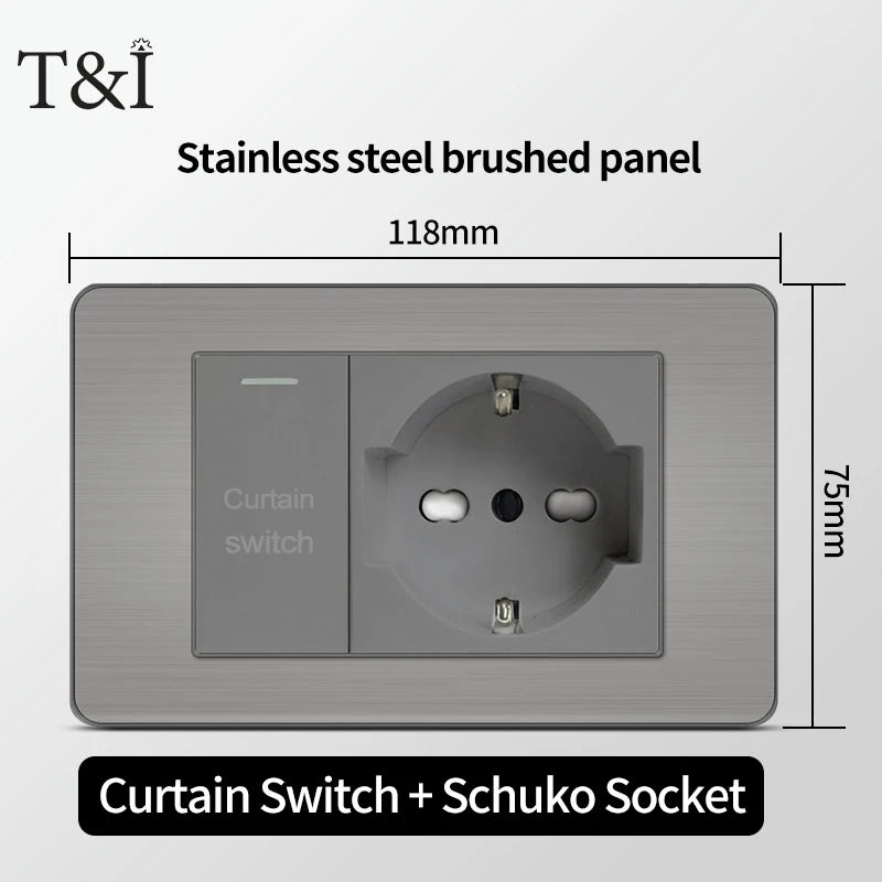 Stainless Steel Wall Socket 118x75mm Italian-Style with USB-C & Schuko Chilean Plug - Brushed Finish for Home/Office