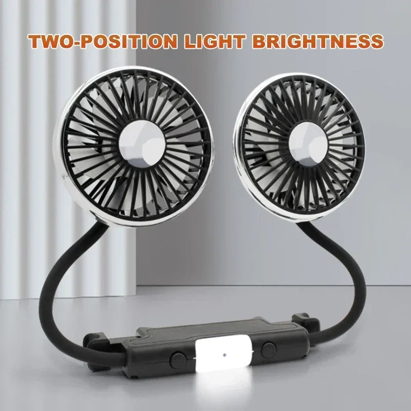 Motorcycle Car USB Fan Double Head Cooling Fan with LED Light 360 Adjustable Auto Headrest 3 Speed Air Cooler Accessories Amagi