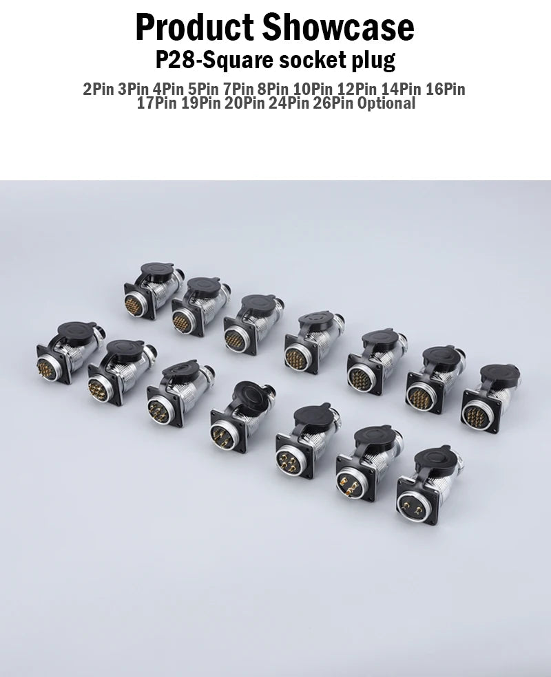 P28 Aviation Connector, Square Flange Socket, Male/Female Circular Butt Joint, 2/3/4/5/7/10/12/14/16/19/20/24 Pin, P28K2Q PLS28