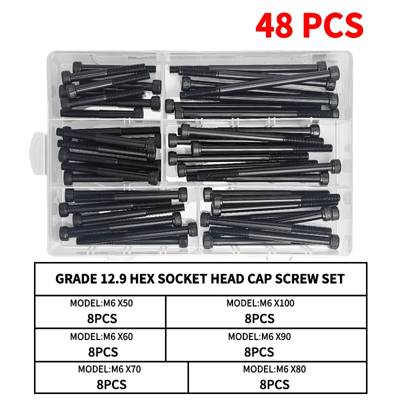 Grade 12.9 Carbon Steel Socket Head Cap Screws Kit, M3 M4 M5 M6 M8 Assortment, High Tensile Hex Bolts, Rust Resistant, Allen Key