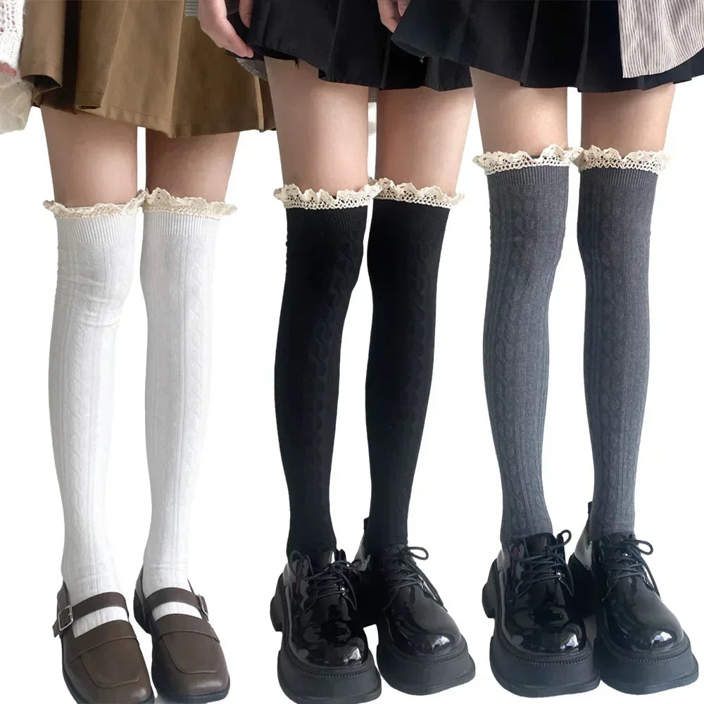 Knitted Lace Thigh High Stockings for Women Girls Casual Long Socks Sexy Tube Legging Lolita Over The Knee Leg Warmer Amagi