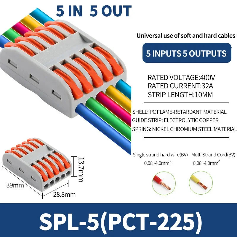 SPL-42/62/63/82/93 3/2-in 8/6/4-out Fast Wiring Terminal Multi-functional Parallel and Branch Docking Terminal Wire Connector