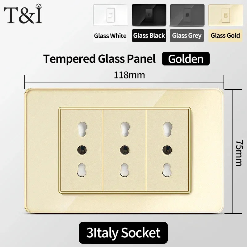 118-Style EU/CL Dual Socket with USB-C PD 20W - Tempered Glass Italy & Chile Outlet for Home/Office