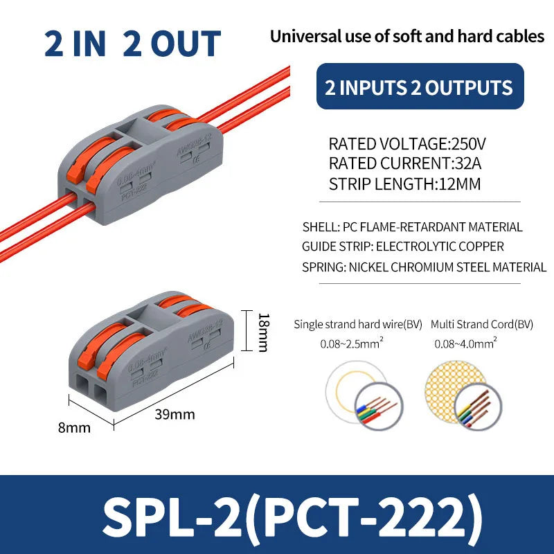 SPL-42/62/63/82/93 3/2-in 8/6/4-out Fast Wiring Terminal Multi-functional Parallel and Branch Docking Terminal Wire Connector