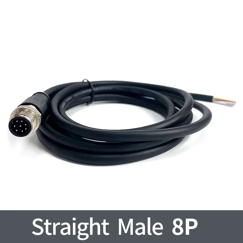 2m M12 Waterproof Sensor Cable, Male & Female Connector, 4/5/8/12 Pin, Integrated Injection Molded for Industrial Automation