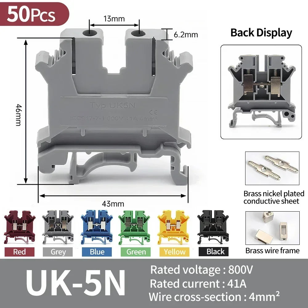 Premium Brass UK Screw Clamp Connector for Wiring, DIN Rail - Mounted,UK1.5N, 2.5B, 3N, 5N, 6N, 10N, 16N, 25N, 35N, 50N