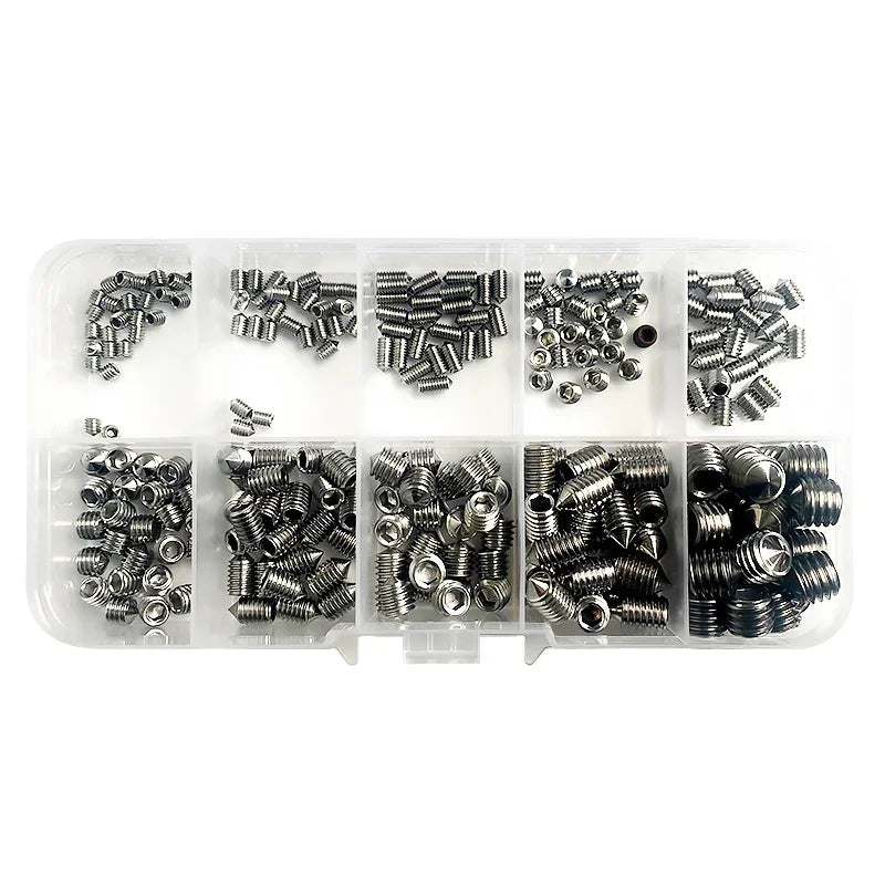 250Pcs/Box M3/M4/M5/M6/M8 Stainless Steel Allen Head Socket Hex Set Grub Screw Assortment Cup Point Set Screws With Plastic Box