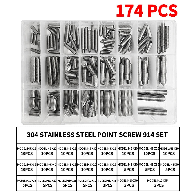 DIN914 304 Stainless Steel Hex Socket Point Grub Screws Set with M3, M4, M5, M6, M8, M10 Sizes - High - Hardness Assortment