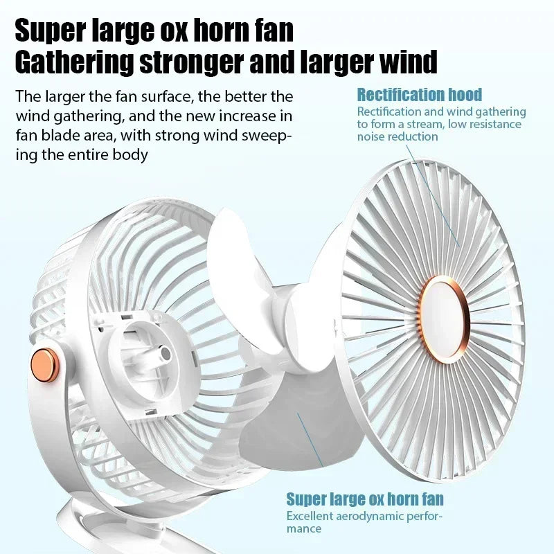 Car Clip-on Fan 5 Speed Quiet Rechargeable Desktop Portable Air Circulator Wireless Fan with LED Light for Office Amagi
