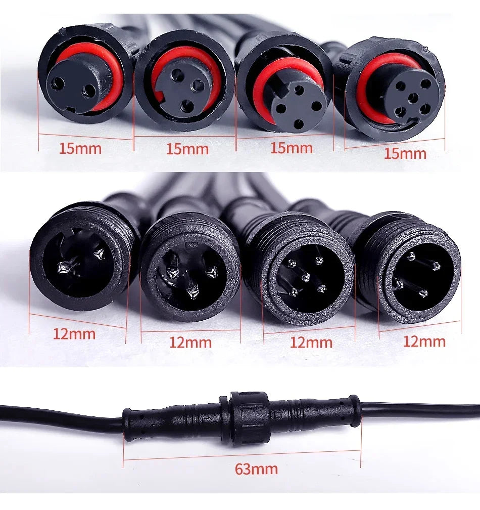M12 Male-Female Waterproof Adapter 2/3/4/5 Pin - 20cm Length IP65 Cable Head for LED Bar/Neon Light Connection