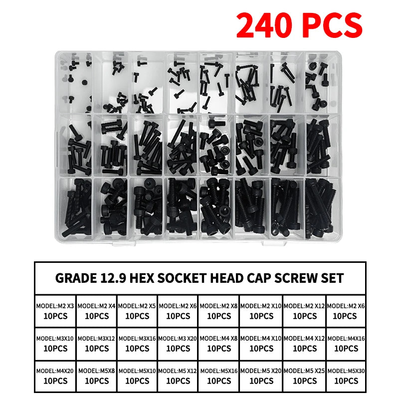 Grade 12.9 Carbon Steel Socket Head Cap Screws Kit, M3 M4 M5 M6 M8 Assortment, High Tensile Hex Bolts, Rust Resistant, Allen Key