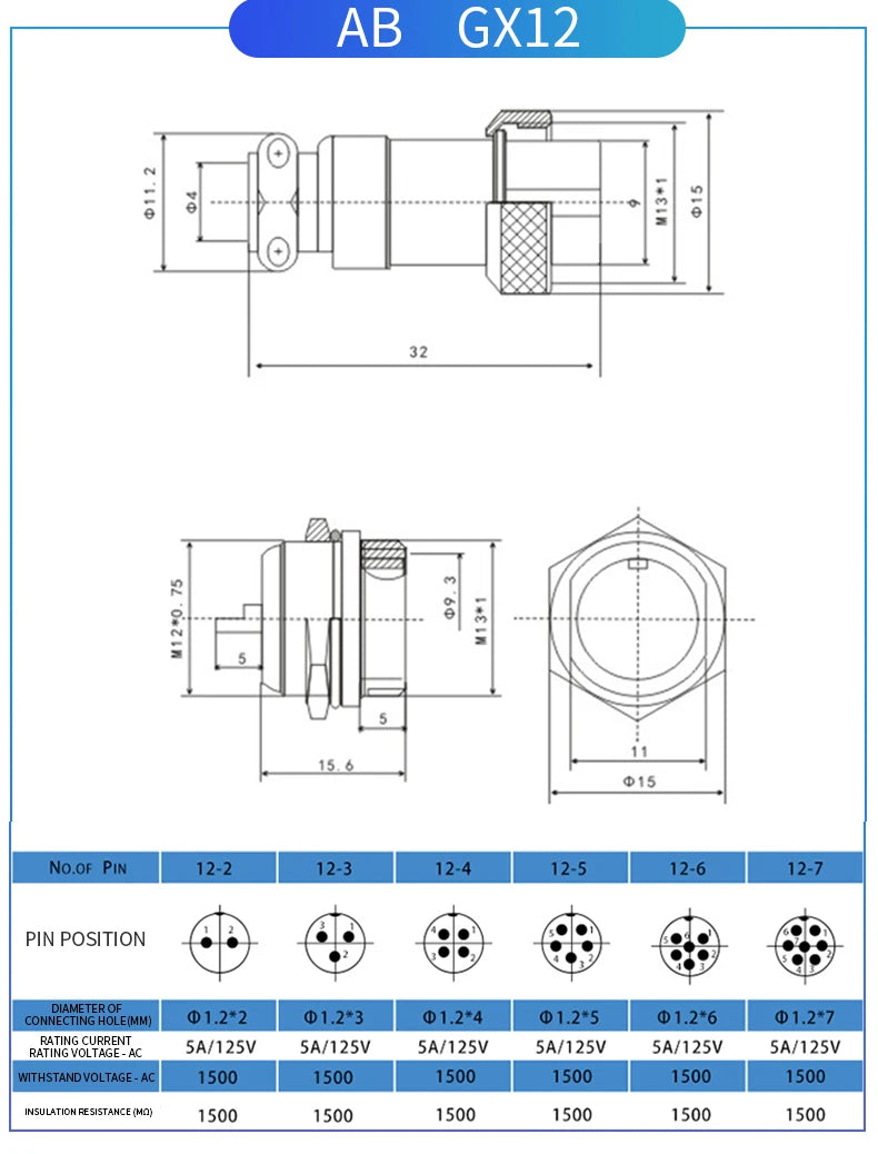 1PCS GX12 Auto Waterproof Connectors 2-7 Pins with Power Cable Line Socket Plug—Suitable for Industrial Machinery and Equipment