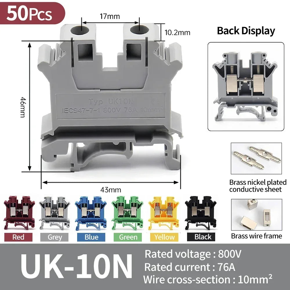 Premium Brass UK Screw Clamp Connector for Wiring, DIN Rail - Mounted,UK1.5N, 2.5B, 3N, 5N, 6N, 10N, 16N, 25N, 35N, 50N