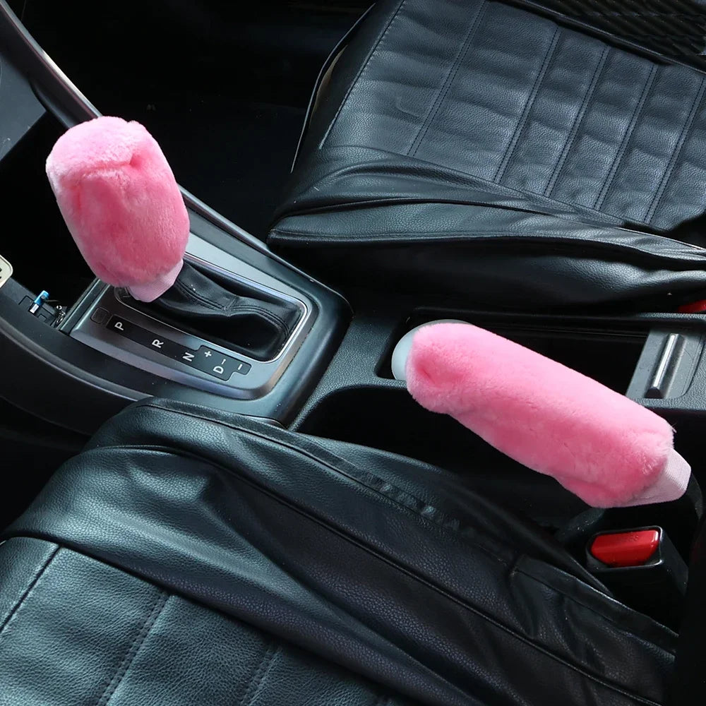 2Pcs Car Handbrake Grip Covers Gear Shift Knob Cover Handle Plush Sleeve Winter Soft Warm Hand Brake Interior Gear Shift Collars