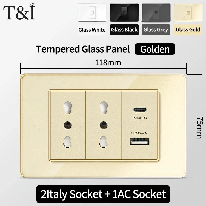 118-Style EU/CL Dual Socket with USB-C PD 20W - Tempered Glass Italy & Chile Outlet for Home/Office