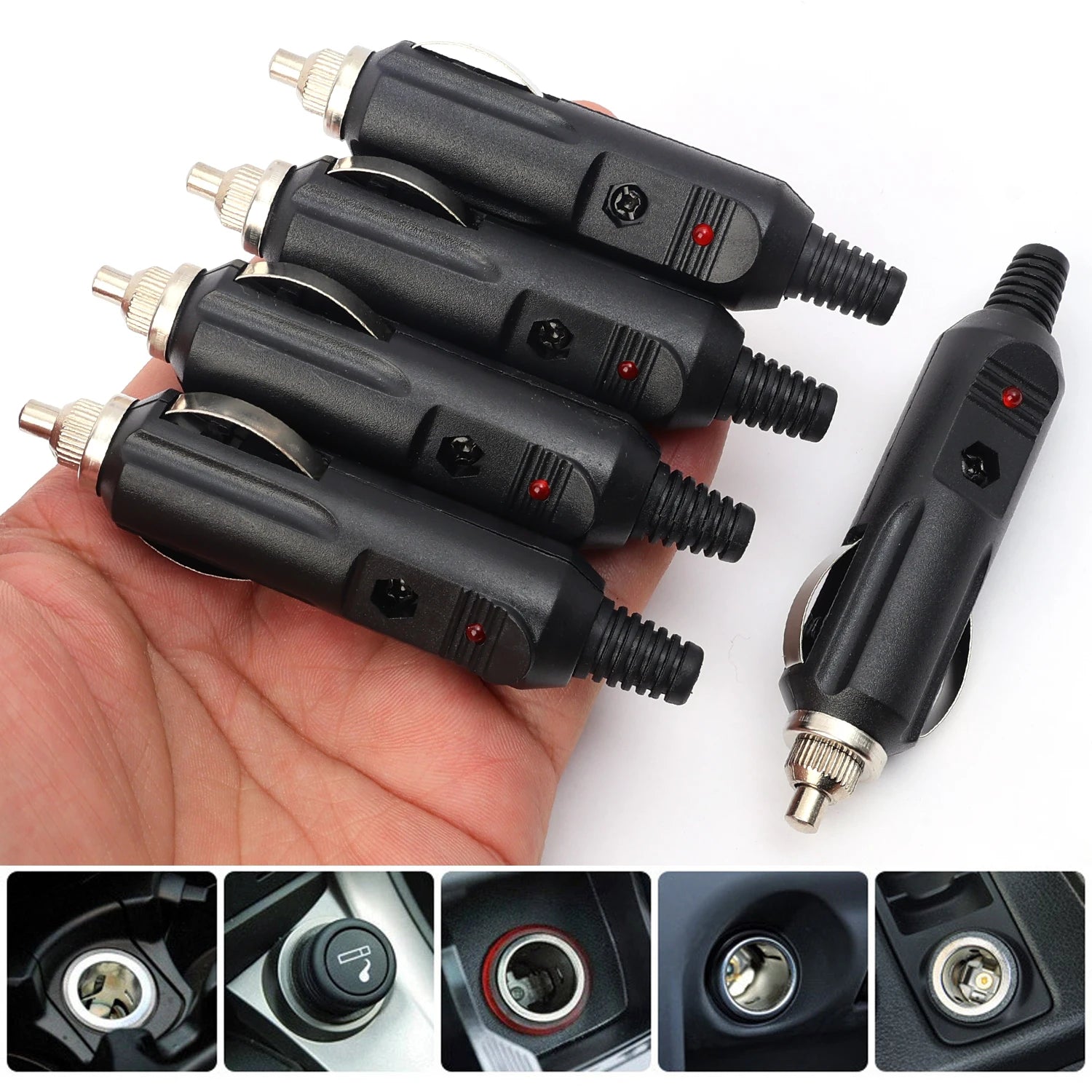 Car Cigarette Lighter Plug Male Adapter 12V 24V Replacement Connector LED Fused for Auto Truck RV Boat Power Supply Cable Head