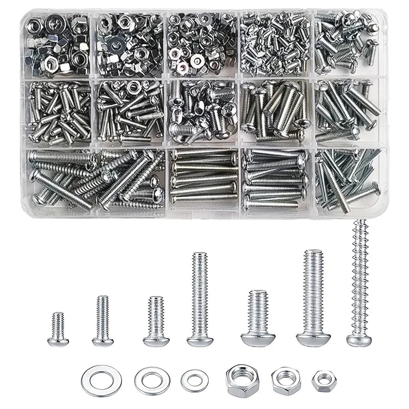 M3-M6 Phillips Pan Head Self-Tapping Screw Assortment Kit with Nuts & Washers - Stainless Steel Fastener Set for DIY/Machinery