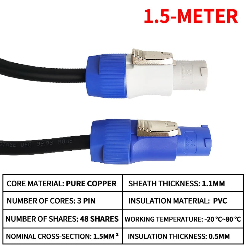 Weatherproof 3-Pin Power Cable (3×1.5mm²) for Stage Audio, Lighting Gear, Beam Projectors & LED Displays
