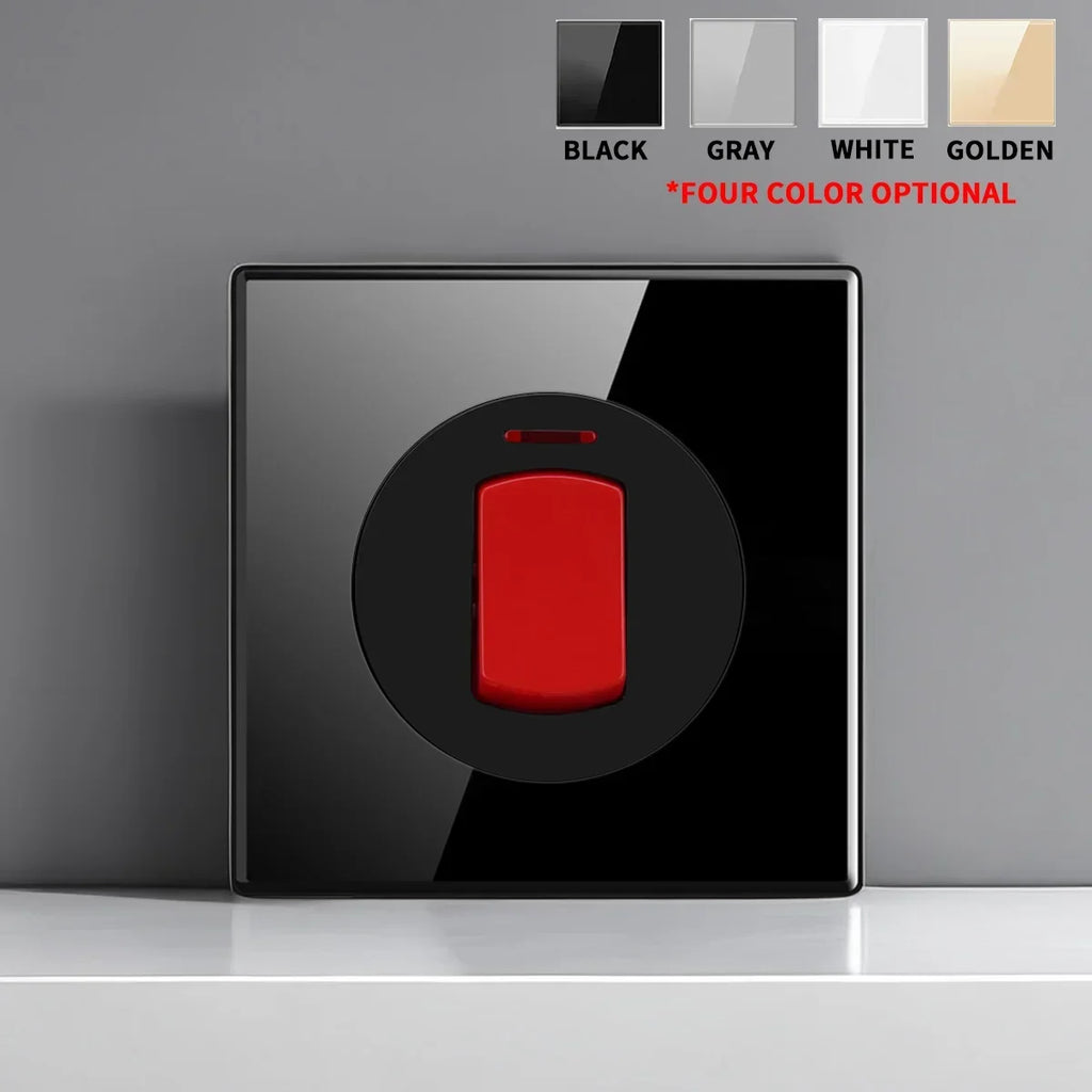 European British French Standard Tempered Glass Switch Socket with Indicator Light , Self-Reset 1 2 3 4 Gang Wall Panel Outlets