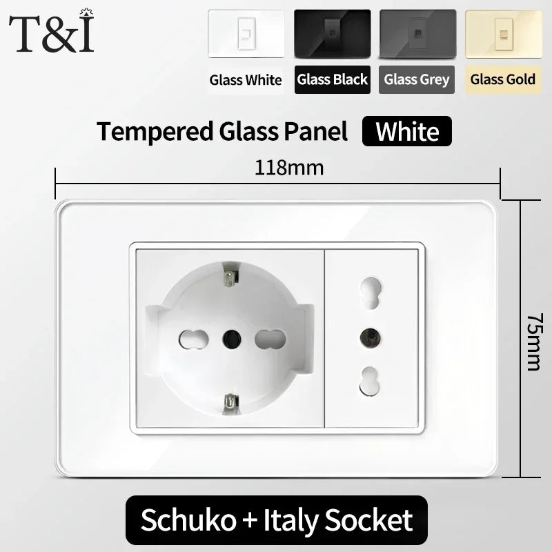 118x75mm Type-C Fast Charging Wall Socket Italy & Chile Schuko Outlet - Tempered Glass Panel Modern Design -Type Switch