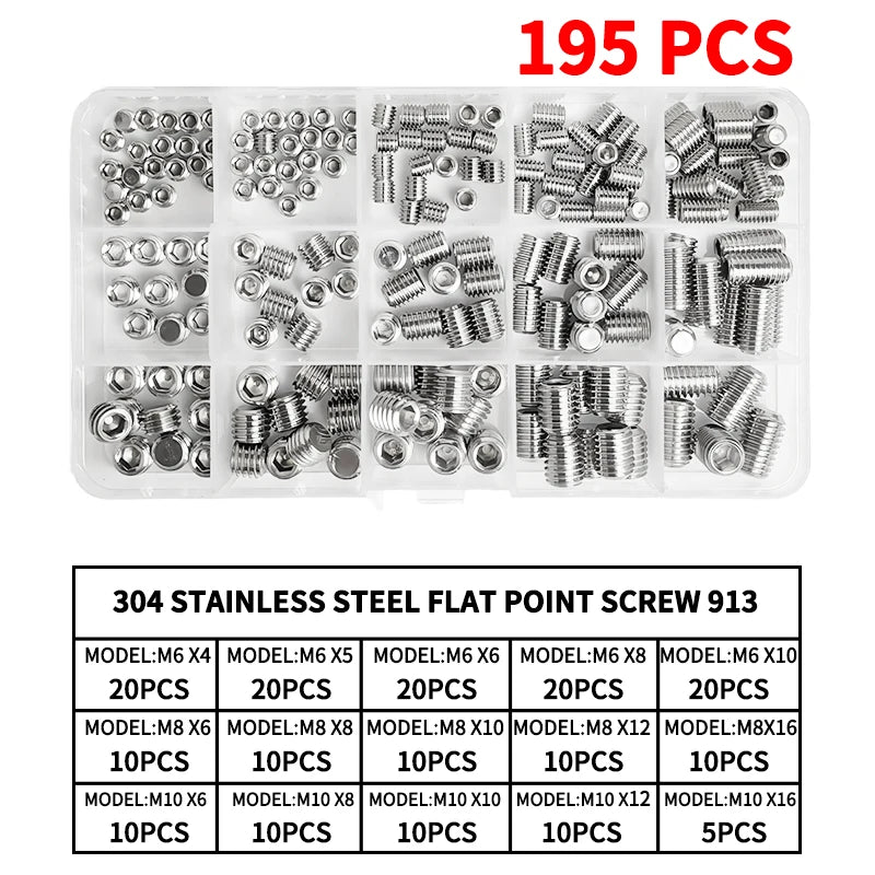M3 - M10 Sizes DIN913 Hex Socket Allen Flat Point Grub Bolt Assortment - Black Steel & 304 Stainless Steel Mix