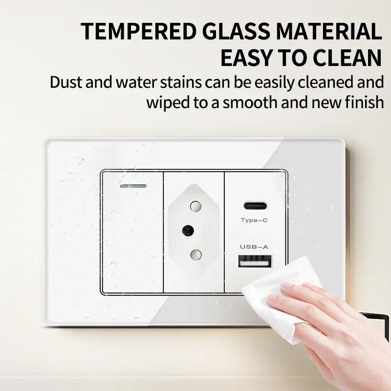 Brazil Standard Wall Socket (Type N) with Type‑C USB, 3‑Gang Wall Switch, Tempered Glass Panel, Stable Power for Home/Office