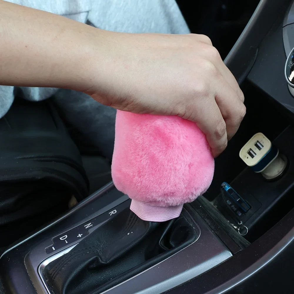 2Pcs Car Handbrake Grip Covers Gear Shift Knob Cover Handle Plush Sleeve Winter Soft Warm Hand Brake Interior Gear Shift Collars