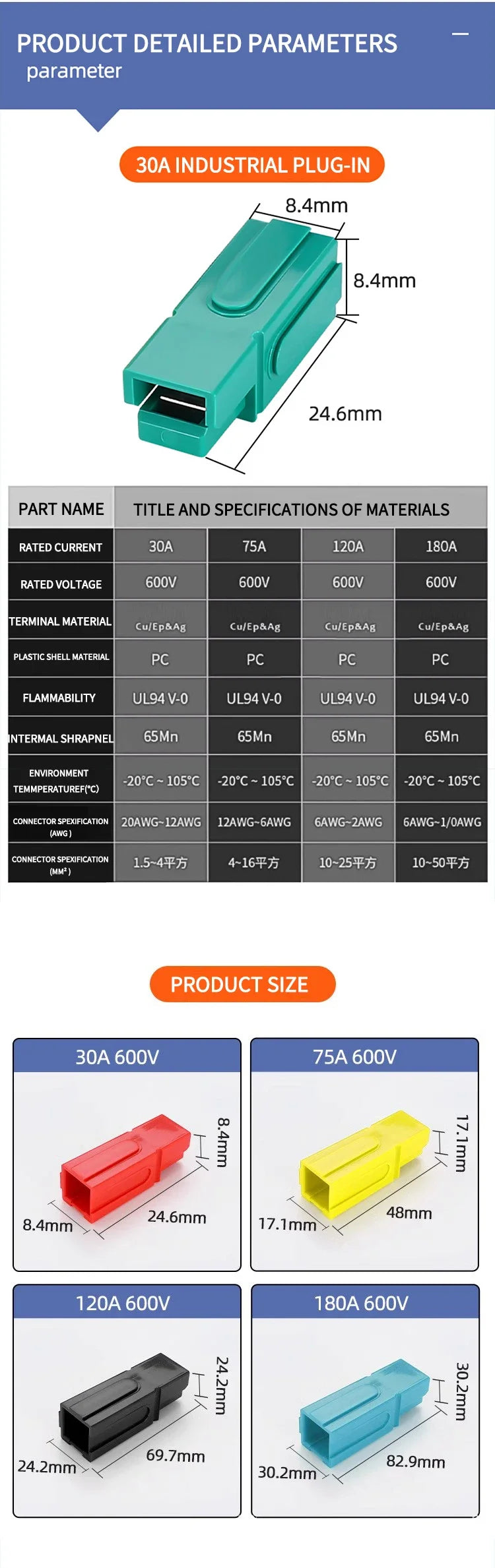 40/90/200/500Pcs/Box  Single Pole Plug 30A High Current Connector - PP Battery Forklift Power Terminals Bulk Pack