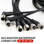 2m M12 Waterproof Sensor Cable, Male & Female Connector, 4/5/8/12 Pin, Integrated Injection Molded for Industrial Automation