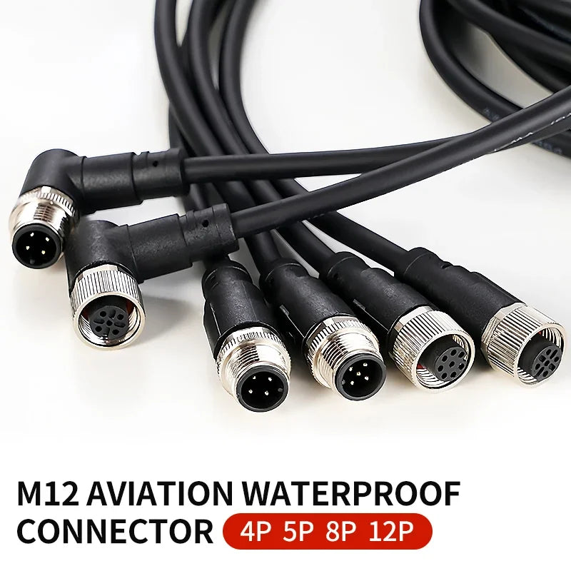 2m M12 Waterproof Sensor Cable, Male & Female Connector, 4/5/8/12 Pin, Integrated Injection Molded for Industrial Automation