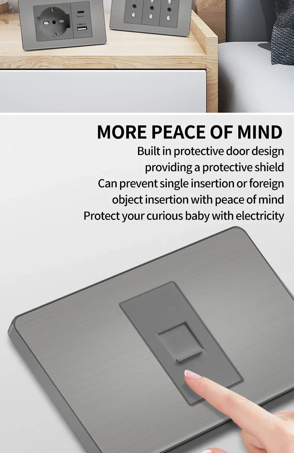 Stainless Steel Wall Socket 118x75mm Italian-Style with USB-C & Schuko Chilean Plug - Brushed Finish for Home/Office