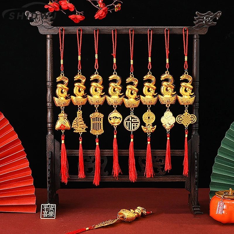 1Pc 2025 Year Of The Snake Gold-Plated Plastic Zodiac Snake Pendant Lucky Mascot Home Car Hanging Ornaments