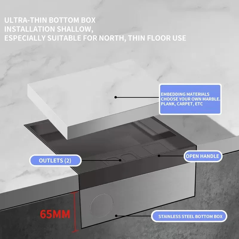 Hidden Floor Socket with USB Charging Ports, 304 Stainless Steel Underground Power Outlet, EU FR BR IL IT Standard, 130×130mm
