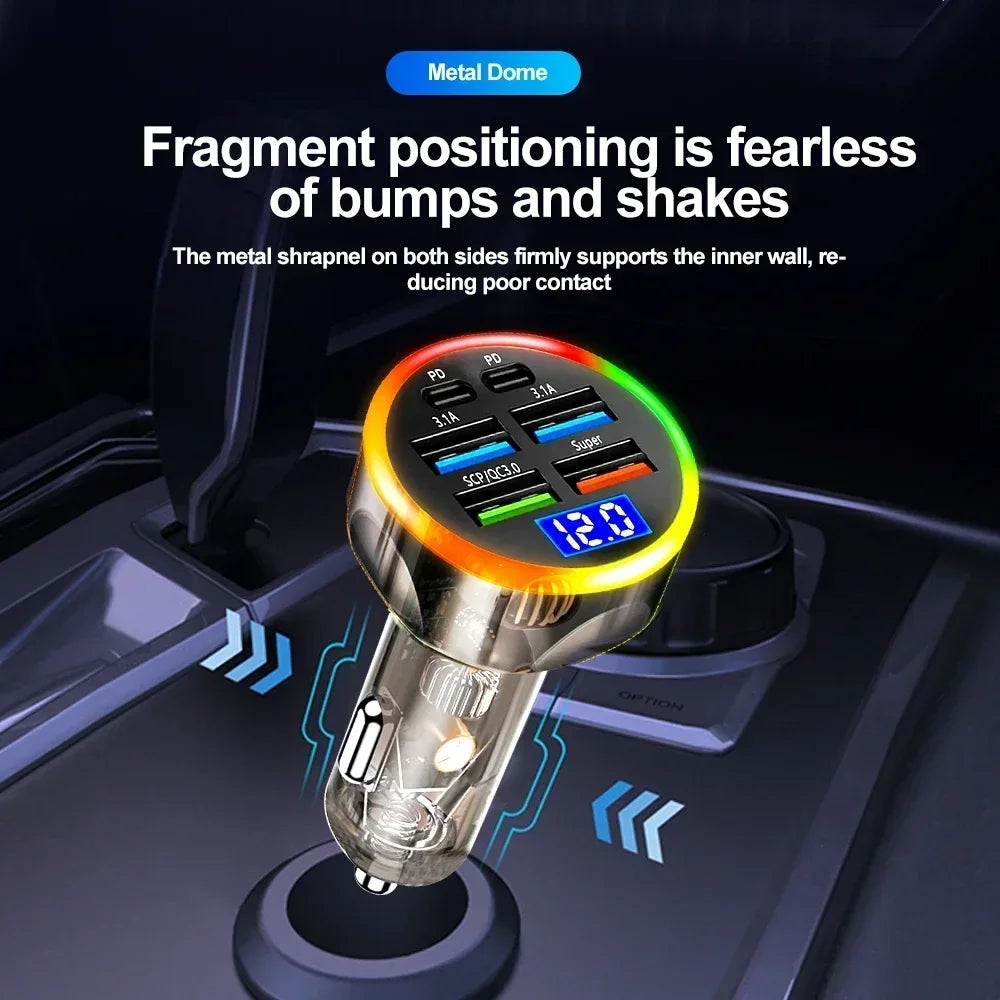 200W Car Charger 6 Ports Fast Charging with Digital Display PD QC3.0 USB C Quick Charging Adapter for IPhone Samsung Xiaomi Amag