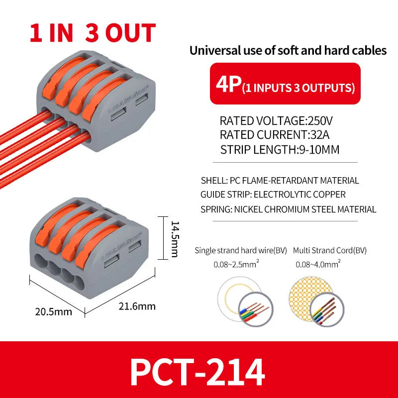 10/1000PCS Mini Fast Wire Connector Universal Wiring Cable Connector Push-in Conductor Terminal PCT-222/224 SPL-42/62 SPL-2/3/1