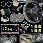 Car Accessories Set 27/4Piece Women Bling Universal Fit Polyester Steering Cover Shiny License Frame Phone Holder Coasters Tools