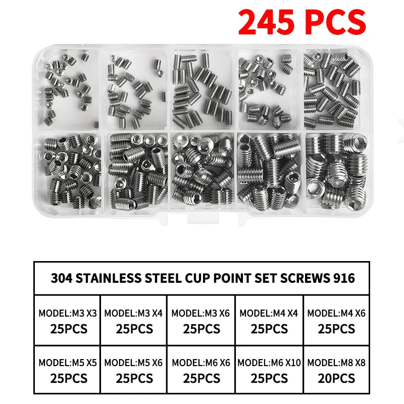 304 Stainless Steel Grub Screws Assortment Kit, Hex Socket Cup Point Set Screws with Allen Key,M3–M10 DIN916 Precision Fasteners