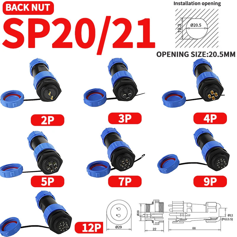SP21 SP20 SP17 SP16 SP13 Docking 2P 3P 4P 5P 6P 7 12Pin IP68 Waterproof Aviation Connector,Panel Mount Connector Plug and Socket
