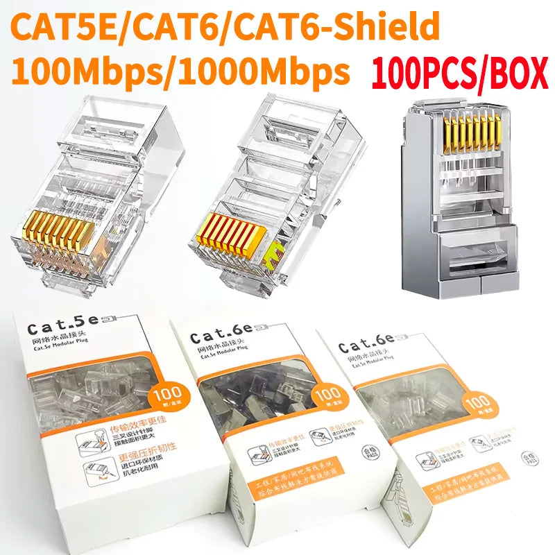 100Pcs Bulk Cat5e/Cat6 RJ45 Connectors Gold Plated for Gigabit Ethernet 100M/1000Mbps High-Speed Network Cable Plug