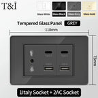 T&I Wall Switch Sockets with USB-C Fast Charging - Italy Socket, Chile Schuko Outlet & Tempered Glass Panel for Home Use