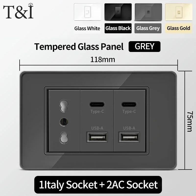 T&I Wall Switch Sockets with USB-C Fast Charging - Italy Socket, Chile Schuko Outlet & Tempered Glass Panel for Home Use