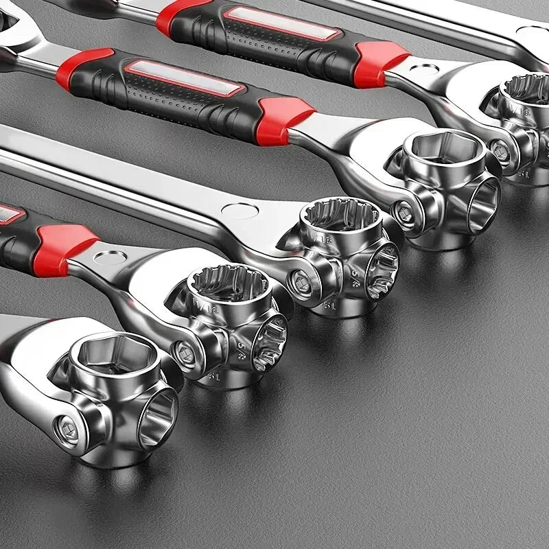 52-in-1 Car Tools Multifunctional Socket Wrench Set Metric 8-19mm SAE 5/16"-3/4 Non-Slip Handle 360 Degree Swivel Head Universal