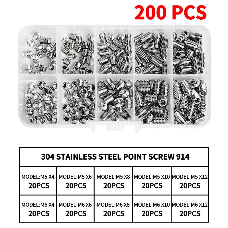 DIN914 304 Stainless Steel Hex Socket Point Grub Screws Set with M3, M4, M5, M6, M8, M10 Sizes - High - Hardness Assortment