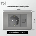 Stainless Steel Wall Socket 118x75mm Italian-Style with USB-C & Schuko Chilean Plug - Brushed Finish for Home/Office