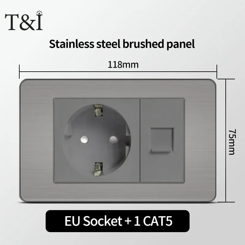 Stainless Steel Wall Socket 118x75mm Italian-Style with USB-C & Schuko Chilean Plug - Brushed Finish for Home/Office
