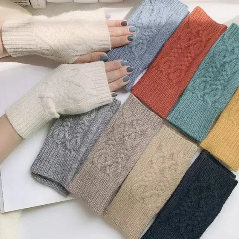 Men Women Stretch Acrylic Knit Stripe Fingerless Mitten Student Couple Winter Warm Twist Flower Half Finger Solid Glove Amagi
